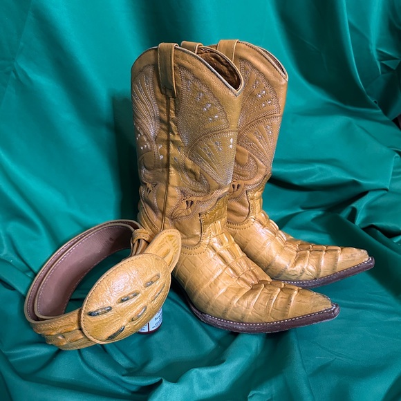 Vintage CROCODILE matching cowboy boots and belt set yellow leather - Picture 1 of 13